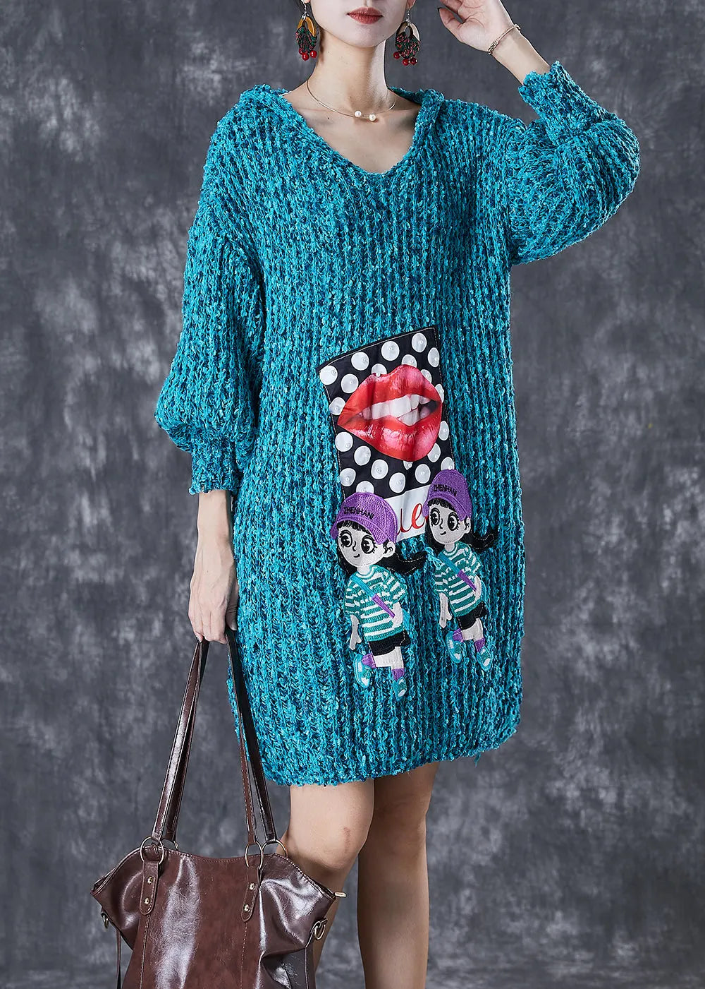 Modern Blue Hooded Character Applique Knit Sweater Dress Fall