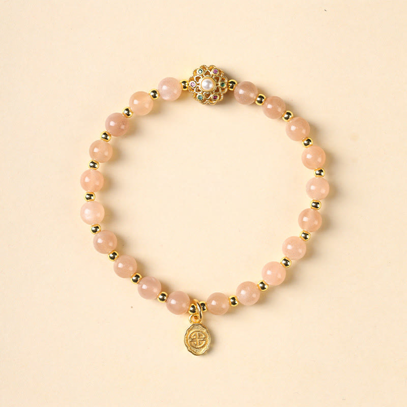 Buddha Stones 14k Gold Plated Natural Strawberry Quartz Labradorite Sun Stone Fu Character Positive Charm Bracelet