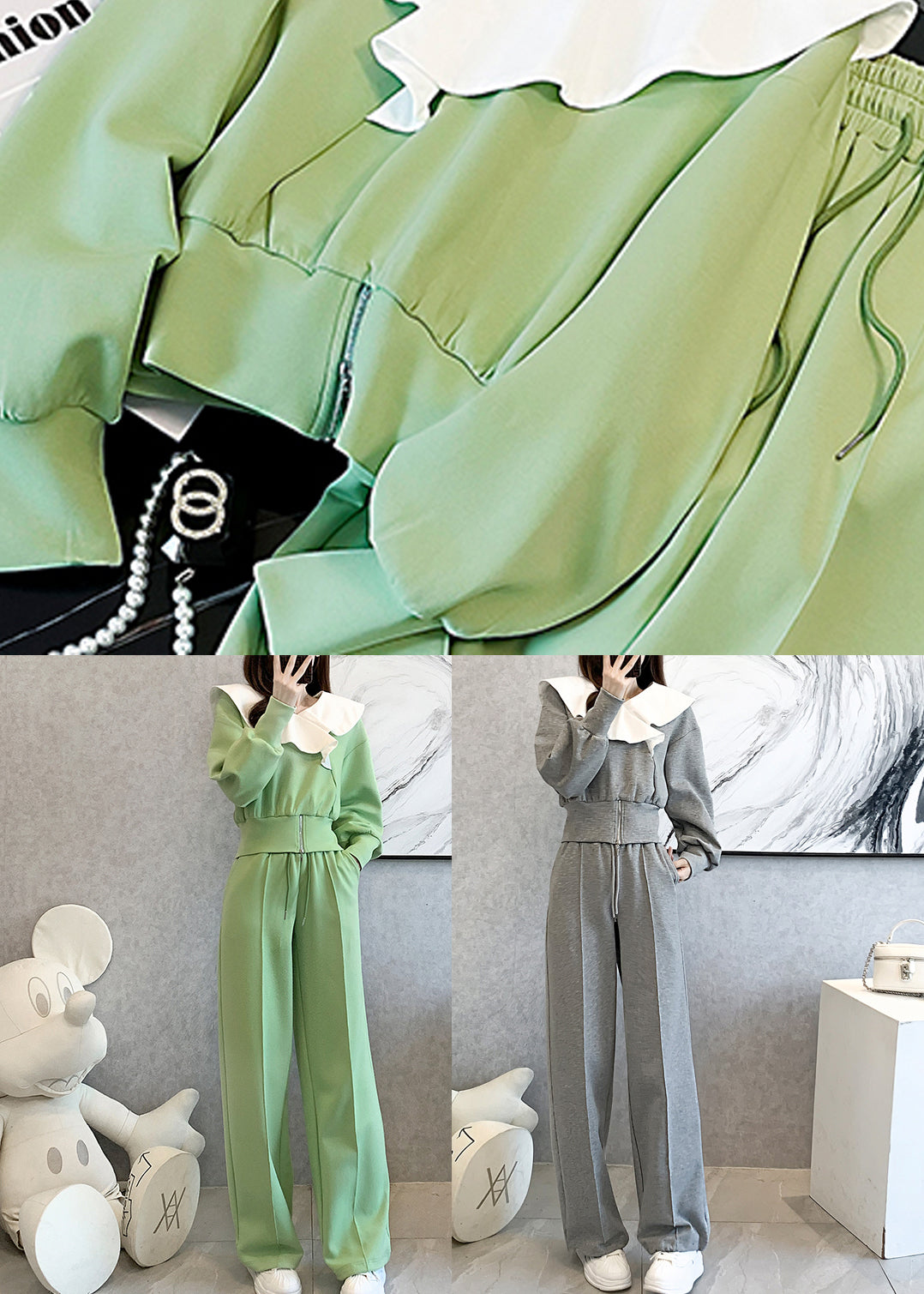 Stylish Green Tops and Pants Cotton Two Pieces Set Spring