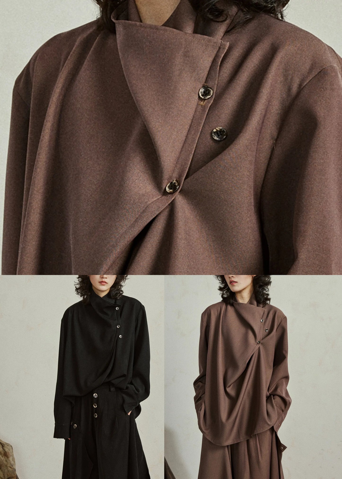 Fine Coffee Asymmetrical Button Cotton Shirt Lantern Sleeve Spring