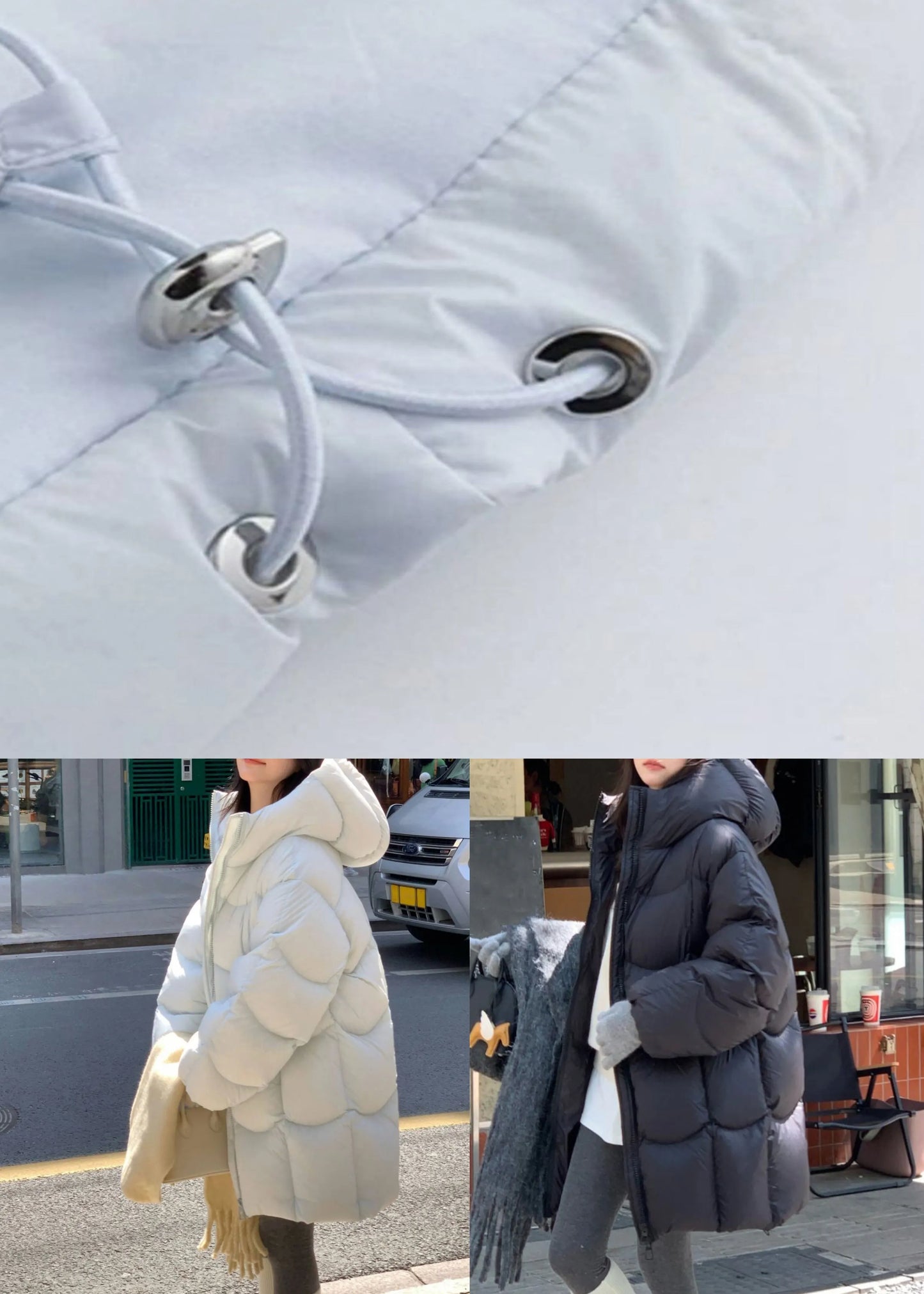 Black Pockets Drawstring Duck Down Winter Puffer Coat Hooded