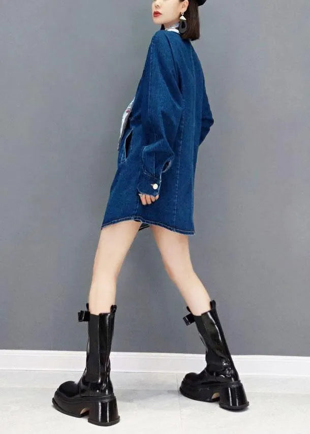 Denim Blue V Neck Pockets Button Fall Shirts Long Sleeve