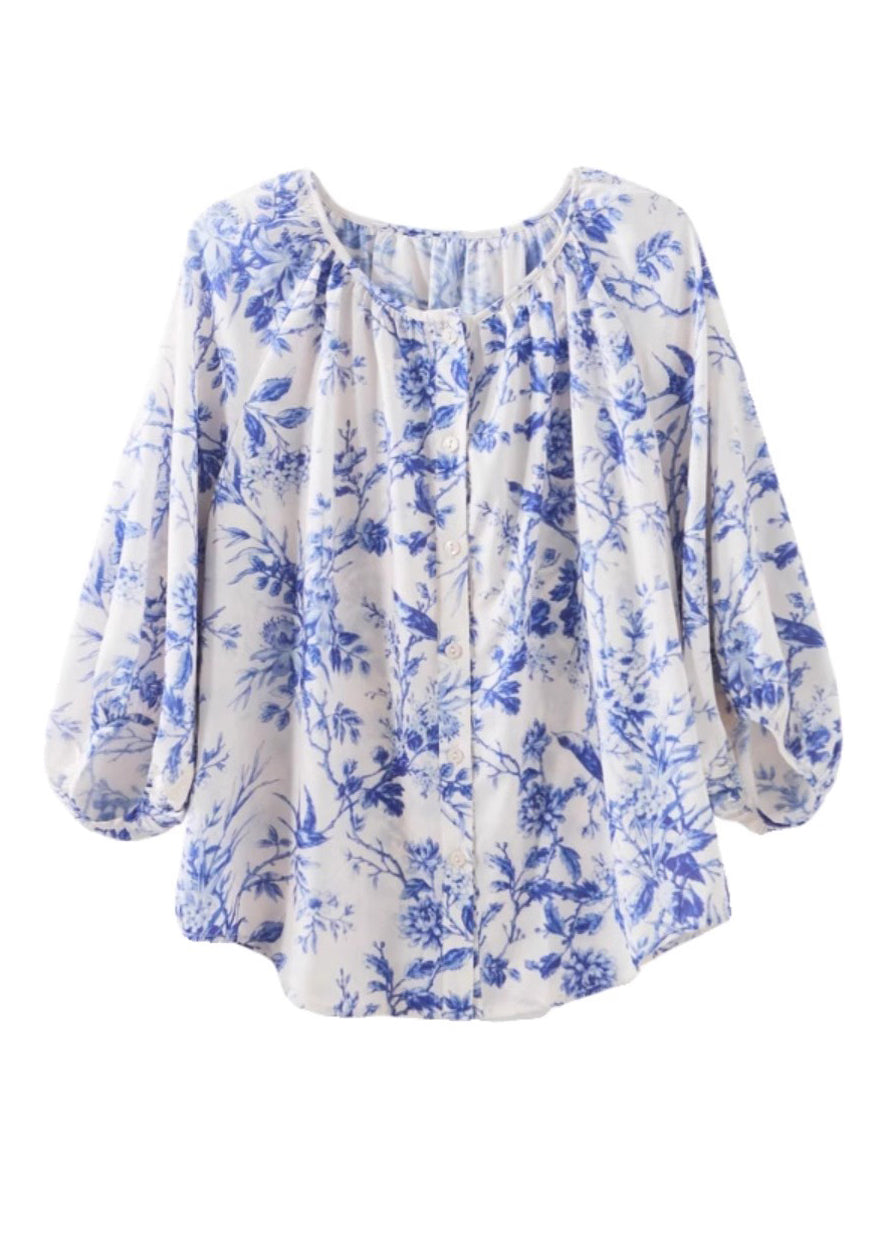 Blue O-neck Print Chiffon Top Summer