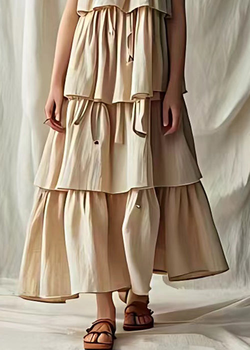 Light Khaki Wrinkled Cotton Spaghetti Strap Dress Sleeveless