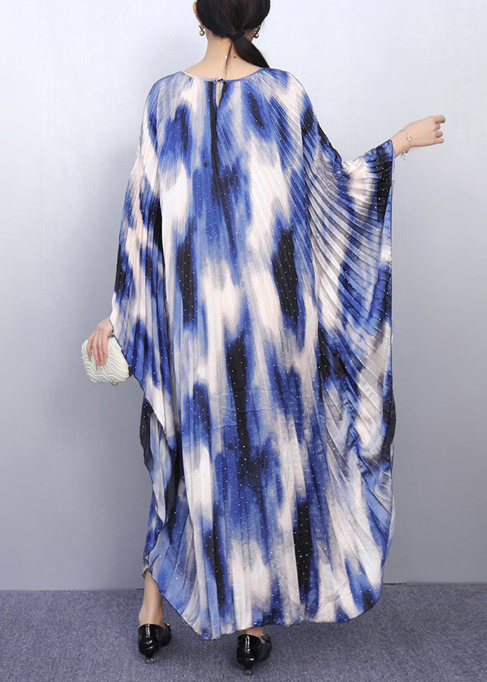 Blue Print Oversized Long Dresses Batwing Sleeve