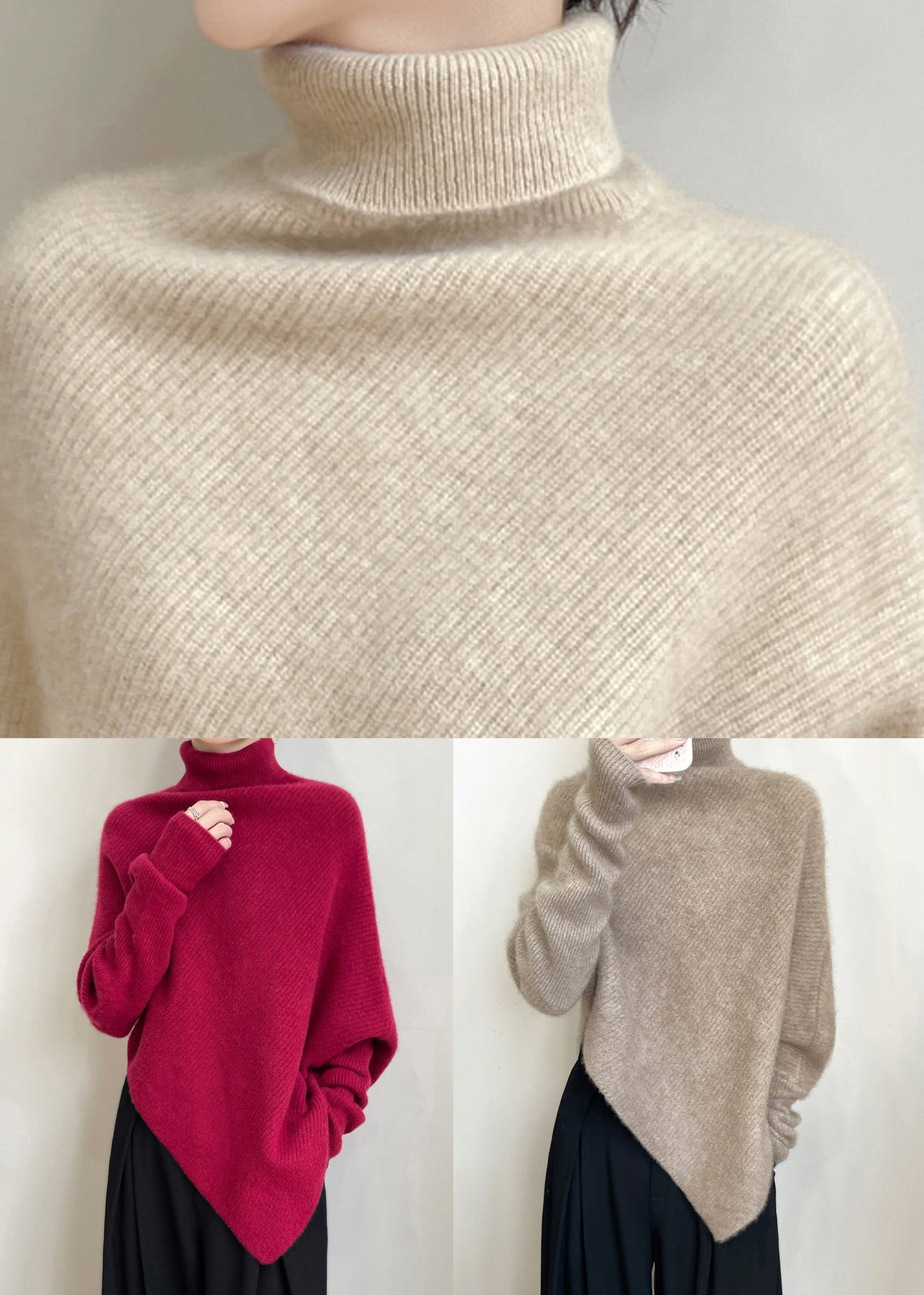 Original Light Camel Turtleneck Cozy Woolen Sweater Tops Batwing Sleeve Winter