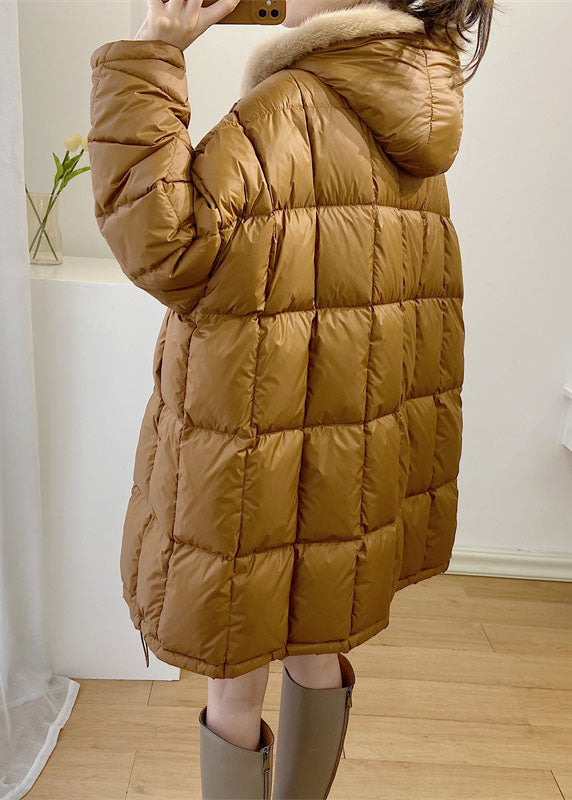 Simple Yellow Hooded Mink Hair Patchwork Duck Down Winter Down Coat