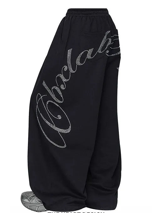 Black Oversized Letter Zircon Cotton Wide Leg Pants Spring
