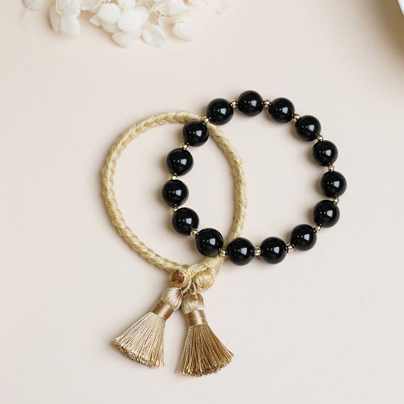 Buddha Stones 2pcs Black Onyx Bead Support Protection String Bracelet