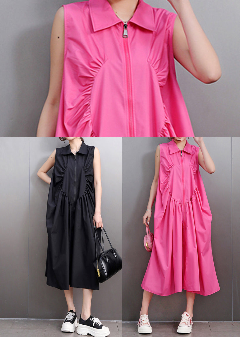 Black Zip Up Wrinkled Cotton Maxi Dresses Sleeveless