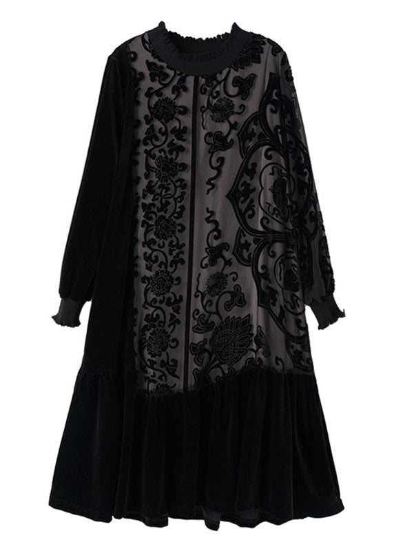 Black O-neck Embroideried Patchwork Silk Velour Maxi Dress Long Sleeve