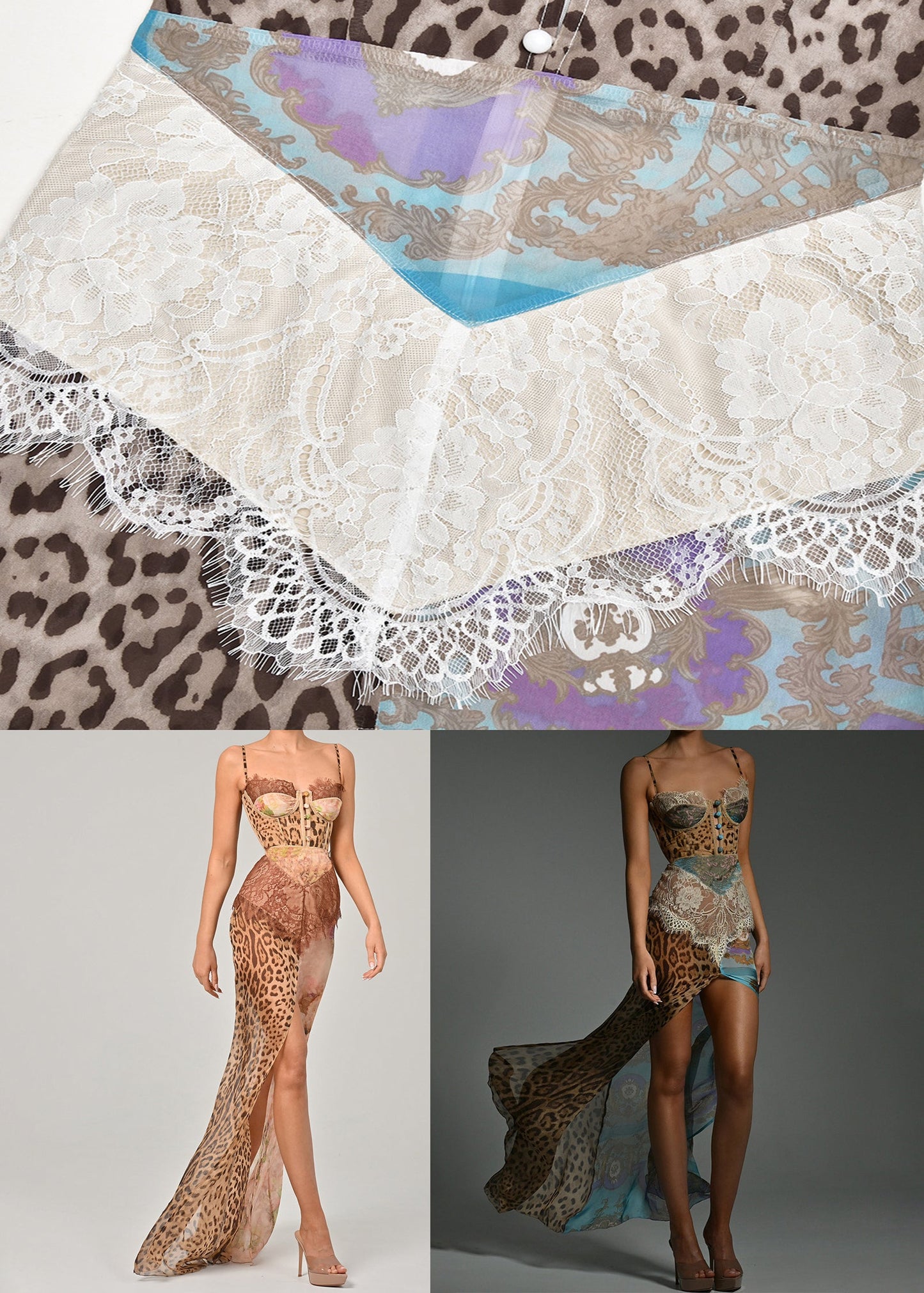 Blue Leopard Lace Patchwork Chiffon Spaghetti Strap Dress Sleeveless Summer