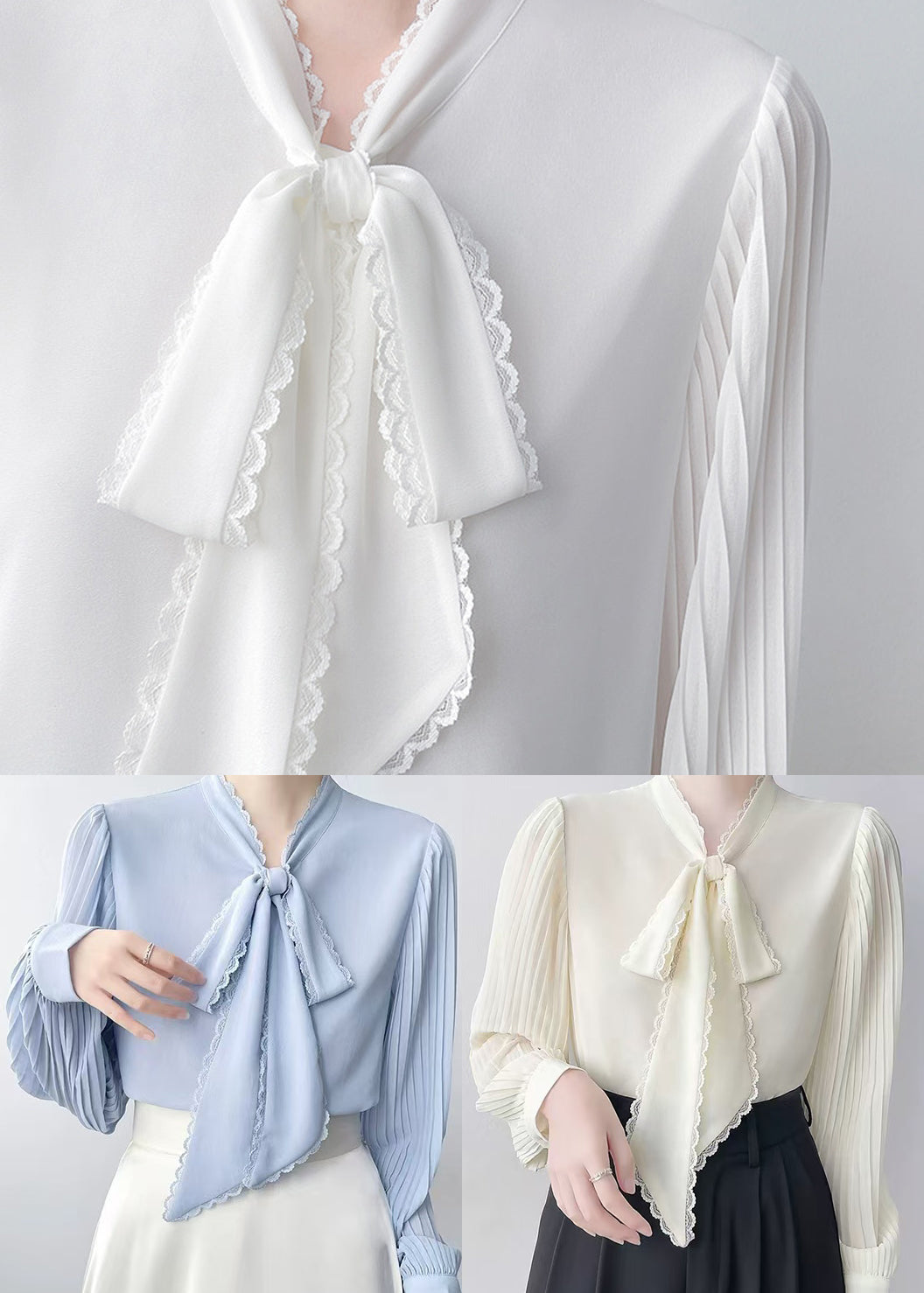Blue Bow Draping Chiffon Pleated Shirts Spring