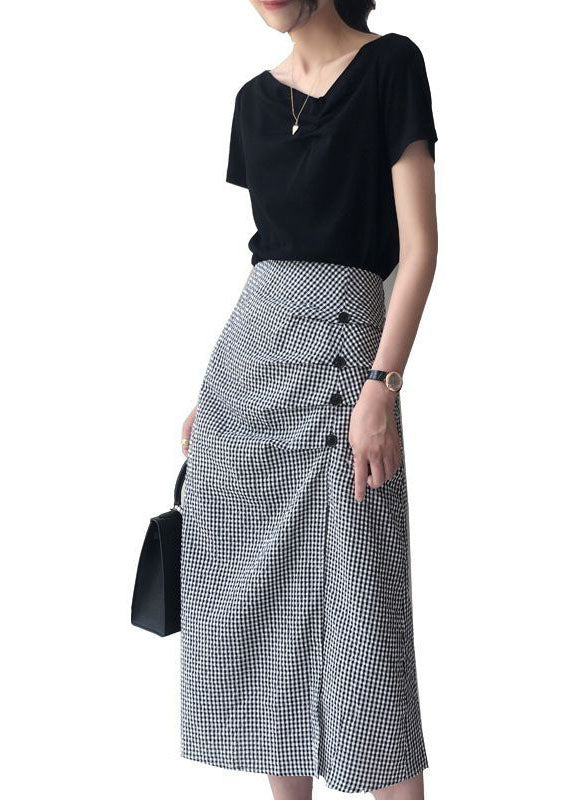 Black V Neck Tops and Skirts Cotton Two Pieces Summer