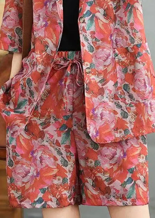 Loose Peter Pan Collar Print Coat and Shorts Cotton Two Pieces Set Summer