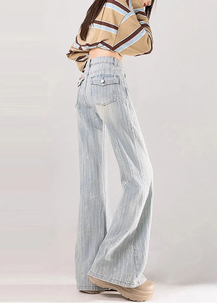 Light Blue Jacquard Striped Denim Flare Bottoms Fall