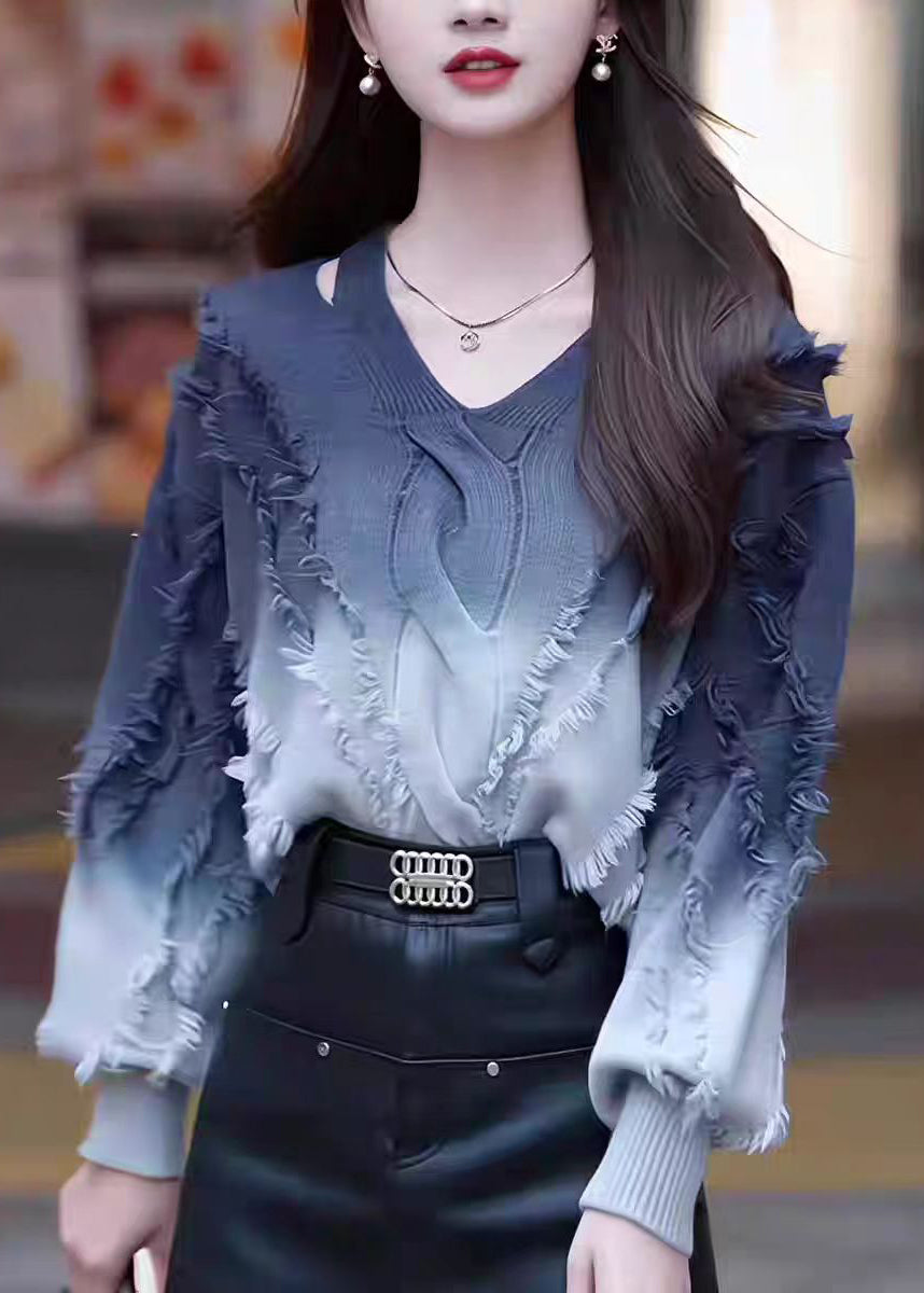 Gradient Color Tassel Knitted Sweater Tops Fall