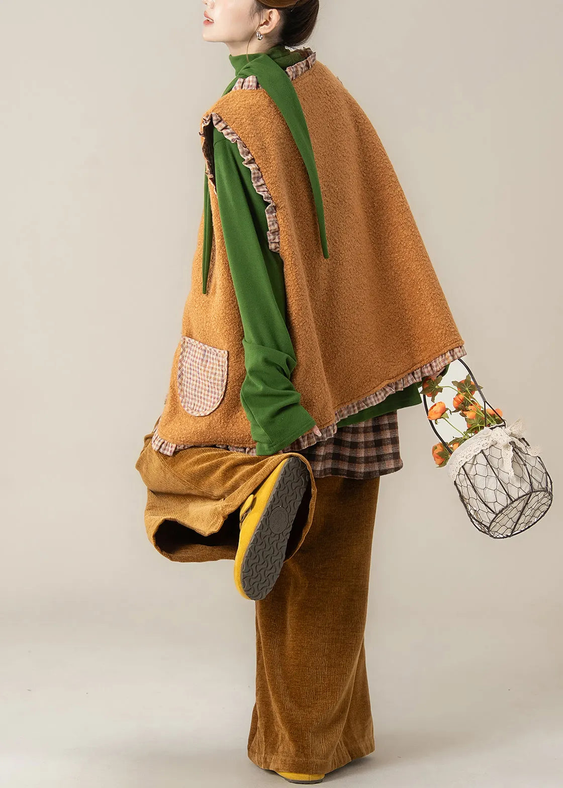 Plaid Orange Ruffled Wear on Both Sides Teddy Waistcoat and Pants Two Pieces Set Fall