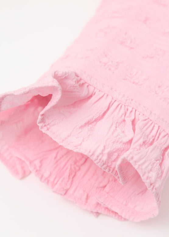 Pink Square Collar Ruffled Print Tulle Shirts Long Sleeve