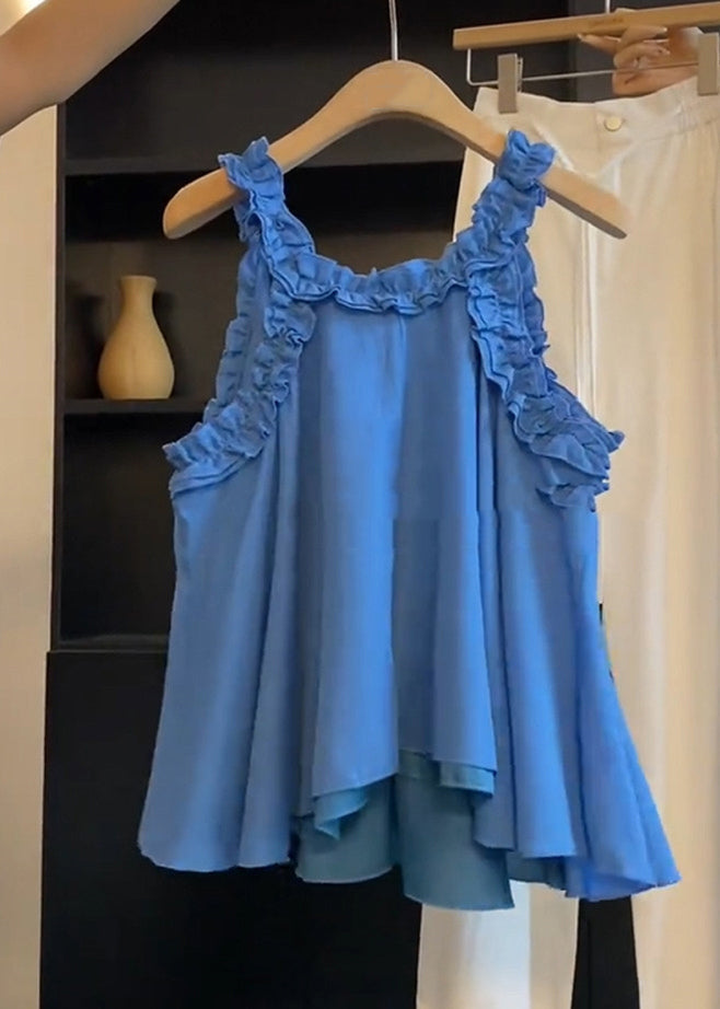 Art Blue Ruffled Cotton Blouse Top Sleeveless