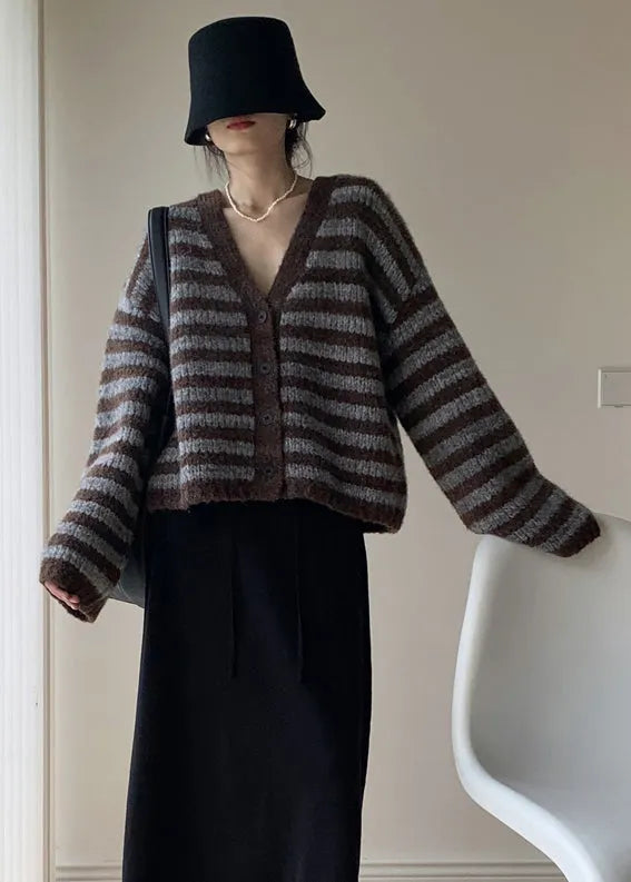 Coffee Striped Button Knit Knit Cardigans Coats Fall