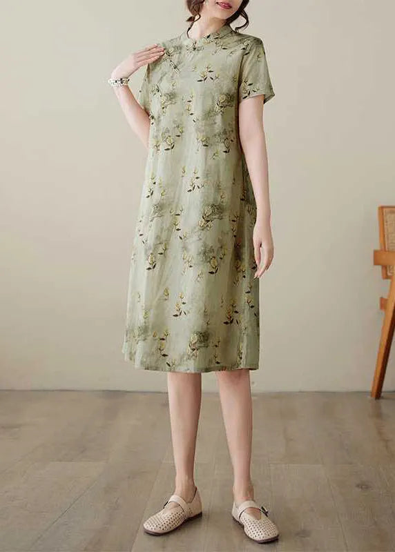 Green Stand Collar Print Button Cotton Dress Summer