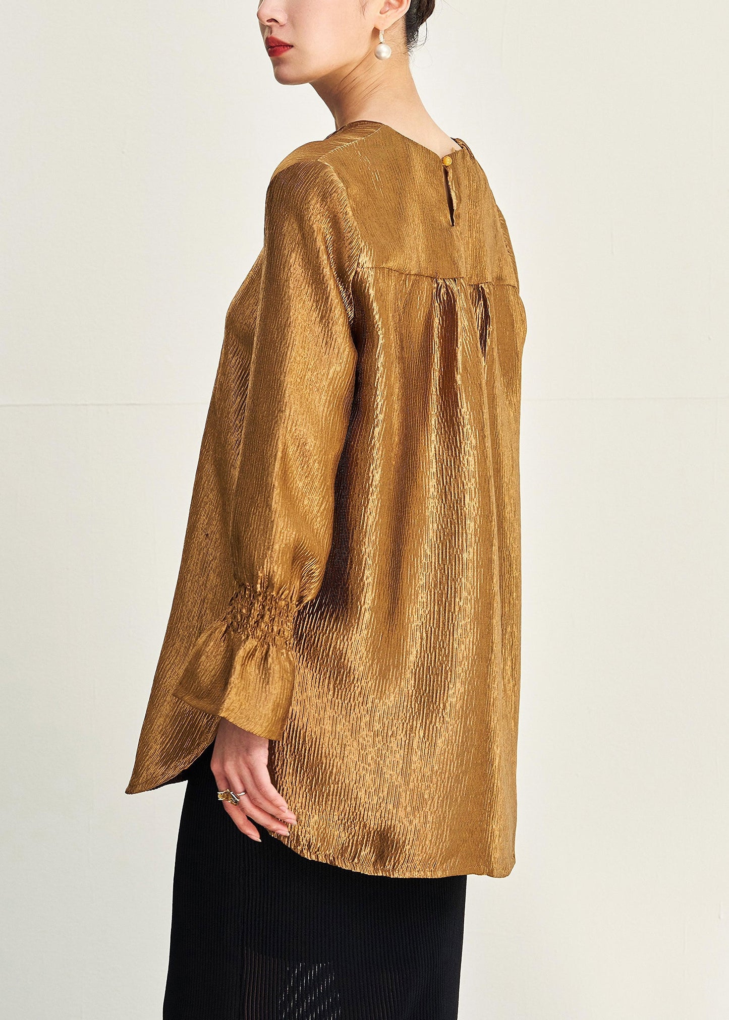 New Gold V Neck Side Open Silk Shirt Fall