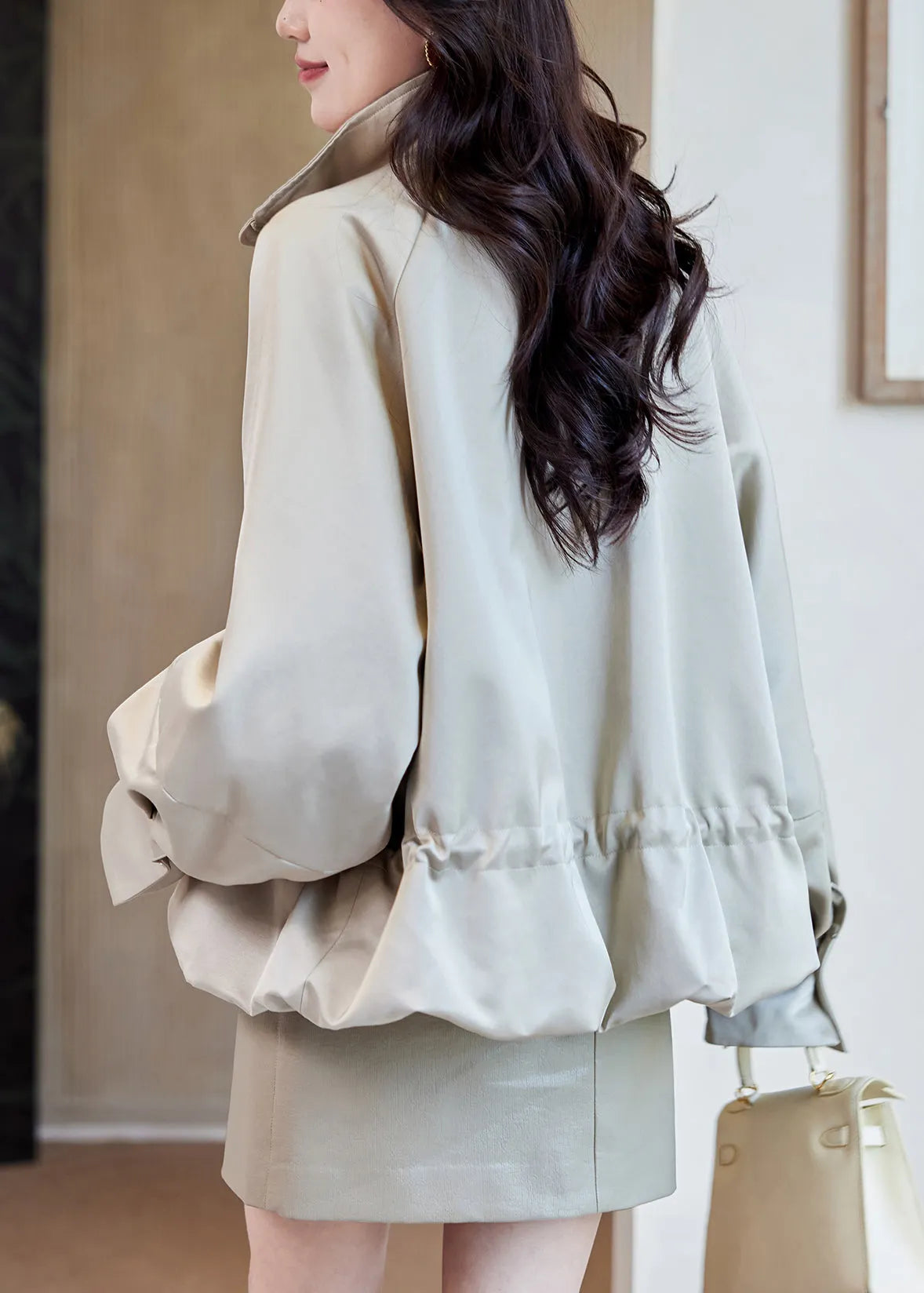 Loose Light Khaki Stand Collar Zippered Drawstring Cotton Coats Fall