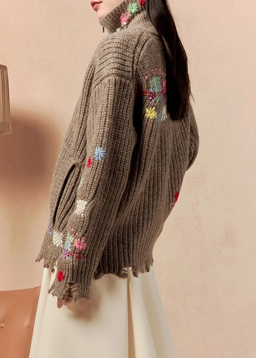 Coffee Zip Up Hole Pockets Cotton Knit Coats Winter