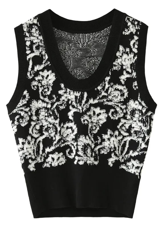 Black White Print U Neck Knitted Cotton Sweaters Waistcoat Sleeveless