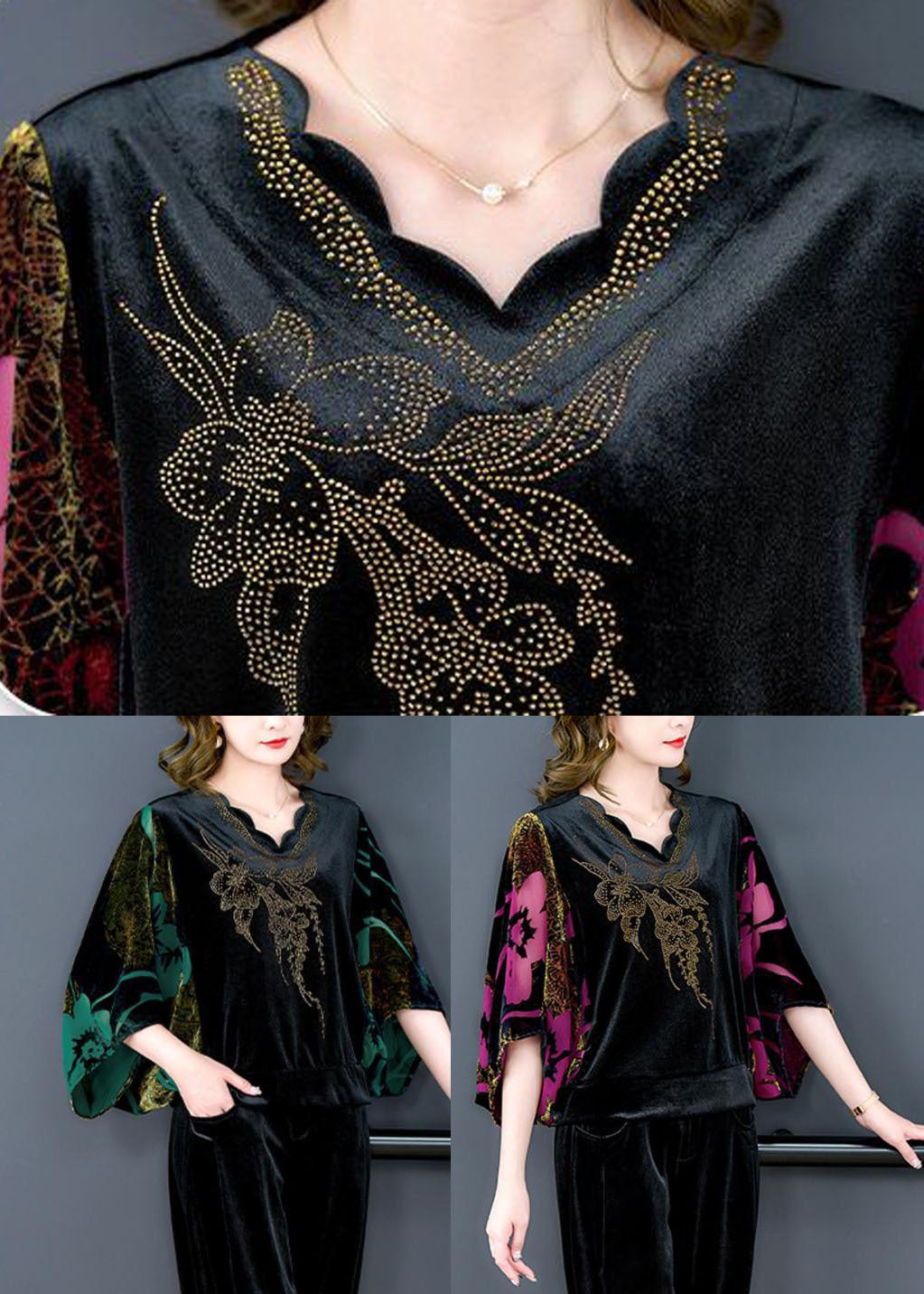 Modern Green V Neck Print Silk Velour Tops and Pants Two Pieces Set Batwing Sleeve