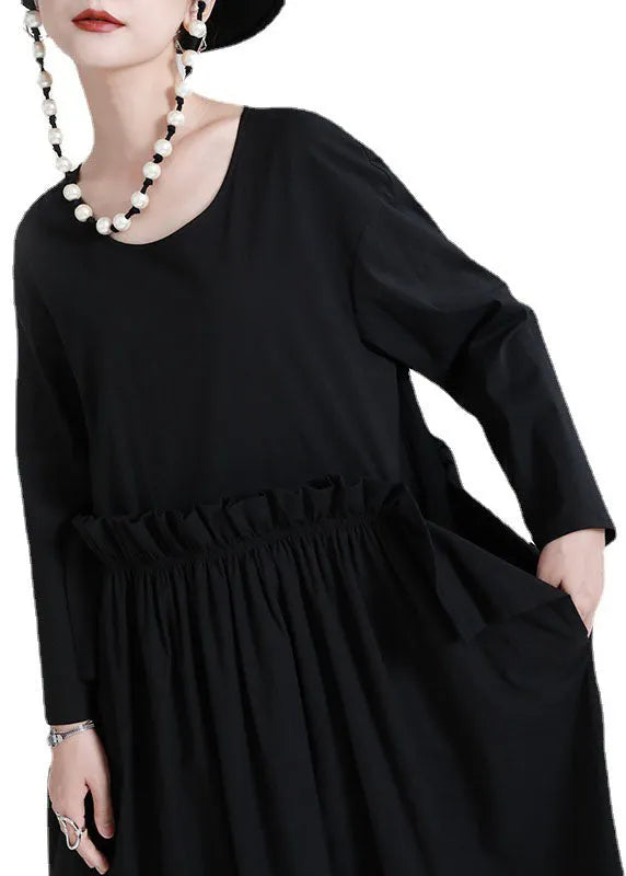 Black O-neck Patchwork Pockets Fall Dress Long Sleeve