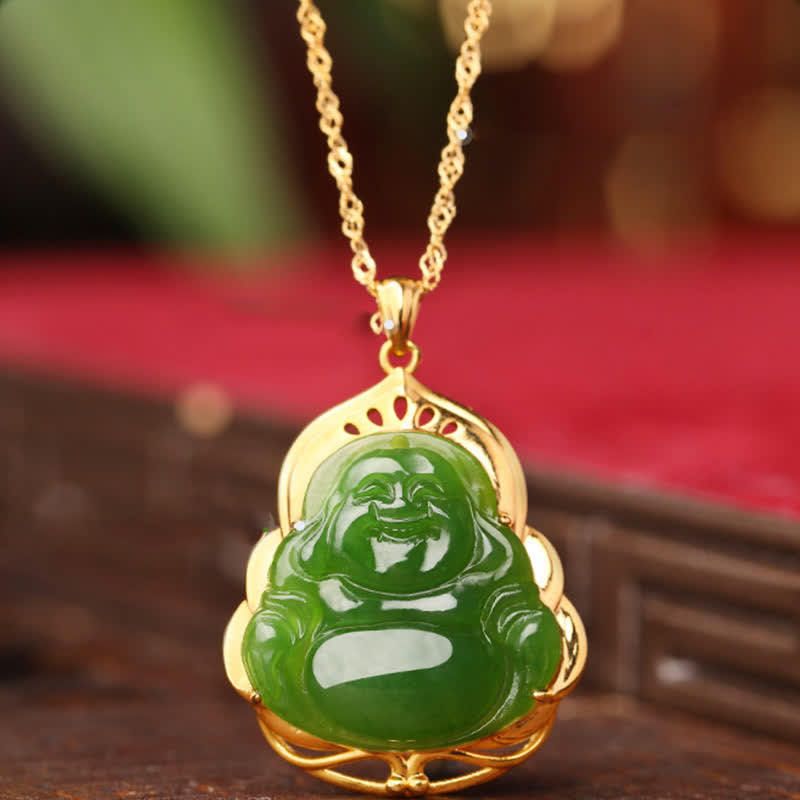 Buddha Stones 925 Sterling Silver Natural Hetian Cyan Jade Laughing Buddha 18k Gold Healing Necklace Chain Pendant