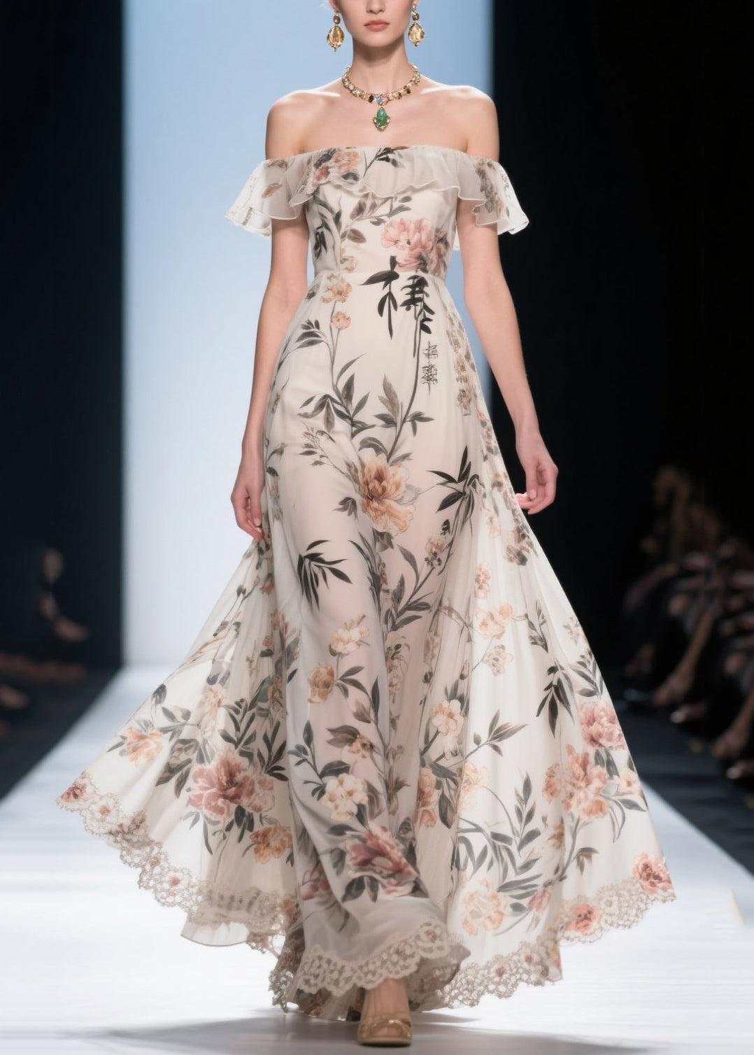 White Cold Shoulder Print Chiffon Maxi Dress Summer