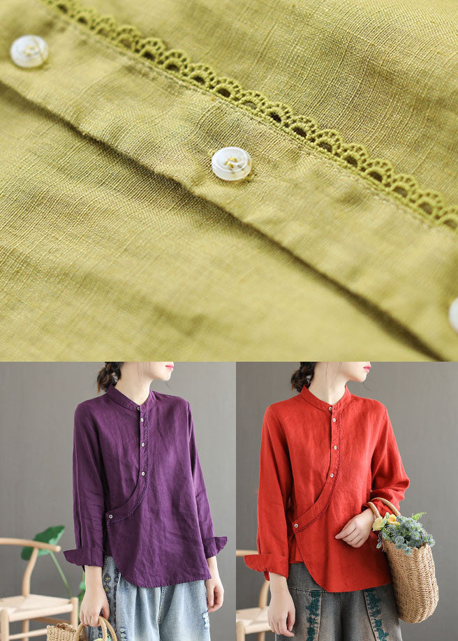 Purple Stand Collar Lace Patchwork Linen Shirt Tops Long Sleeve