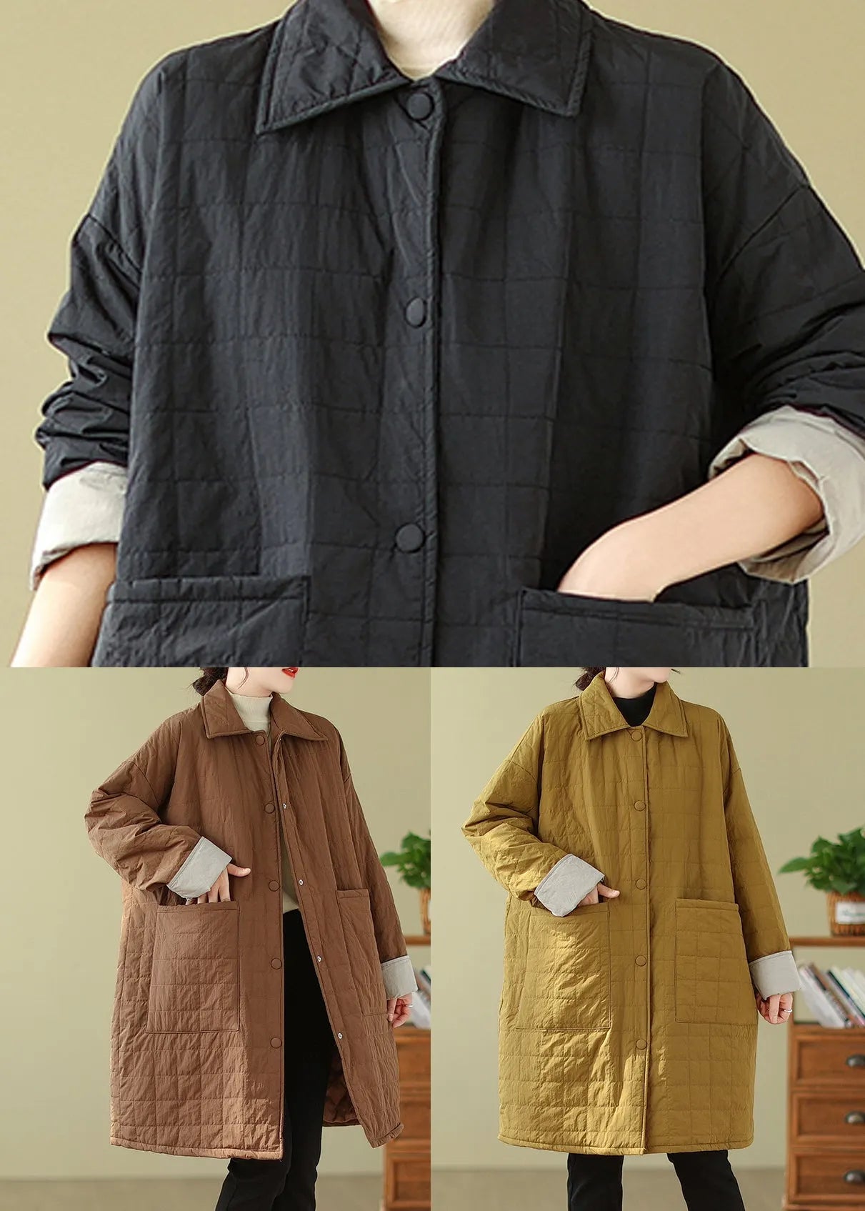 Black Pockets Button Patchwork Fine Cotton Filled Coat Winter