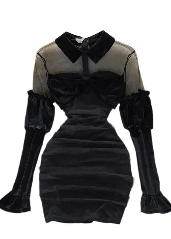 Black Peter Pan Collar Tulle Patchwork Bow Velour Hip Dress Long Sleeve