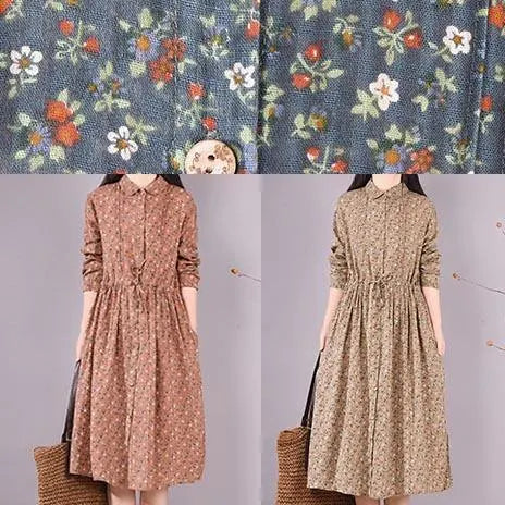 Vivid Green Print Dresses Lapel Drawstring a Line Spring Dress