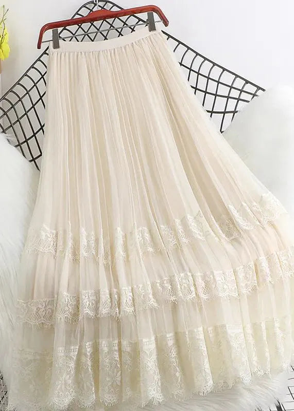 Brown High Waist Tulle Maxi Skirts Woman Mesh Lace Patchwork