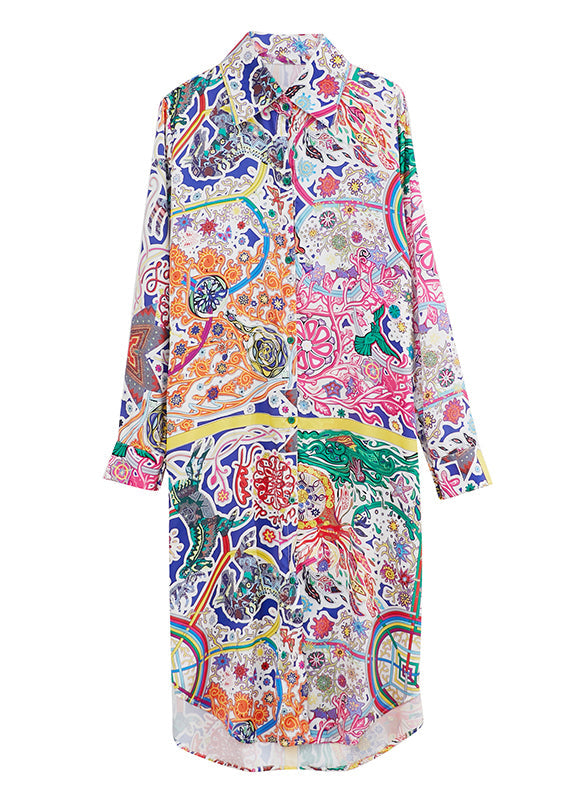 Peter Pan Collar Print Button Long Shirts Dress Long Sleeve