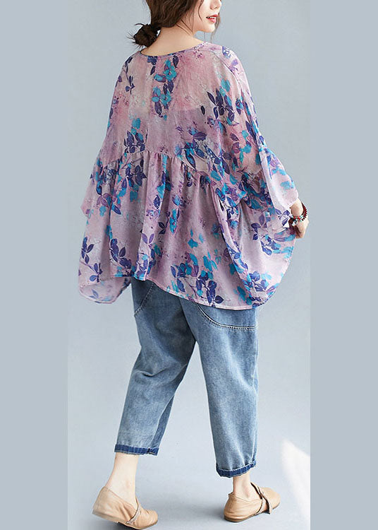 Diy Purple Print Loose Patchwork Asymmetrical Design Fall Blouses Half Sleeve