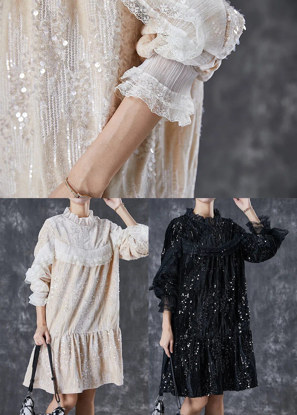 Black Sequins Patchwork Velour Mid Dresses Spring