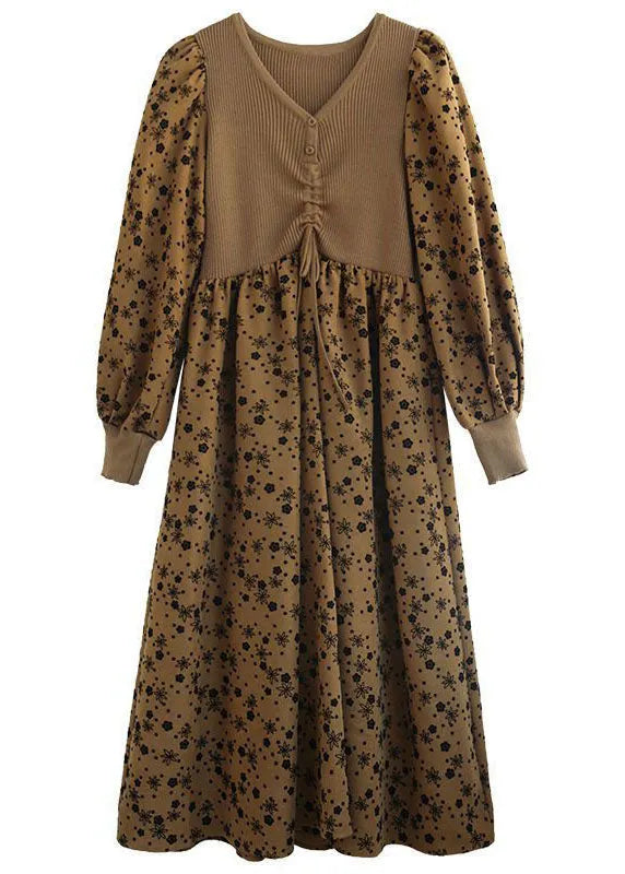 Style Khaki Knit Patchwork Drawstring Print Fall Maxi Dresses Long Sleeve
