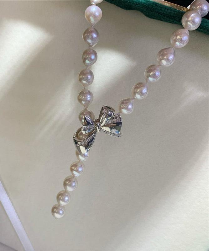 White Pearl Bow Zircon Pendant Necklace