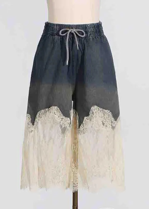 Navy Lace Patchwork Denim Vests and Skirts Two Pieces Set Summer