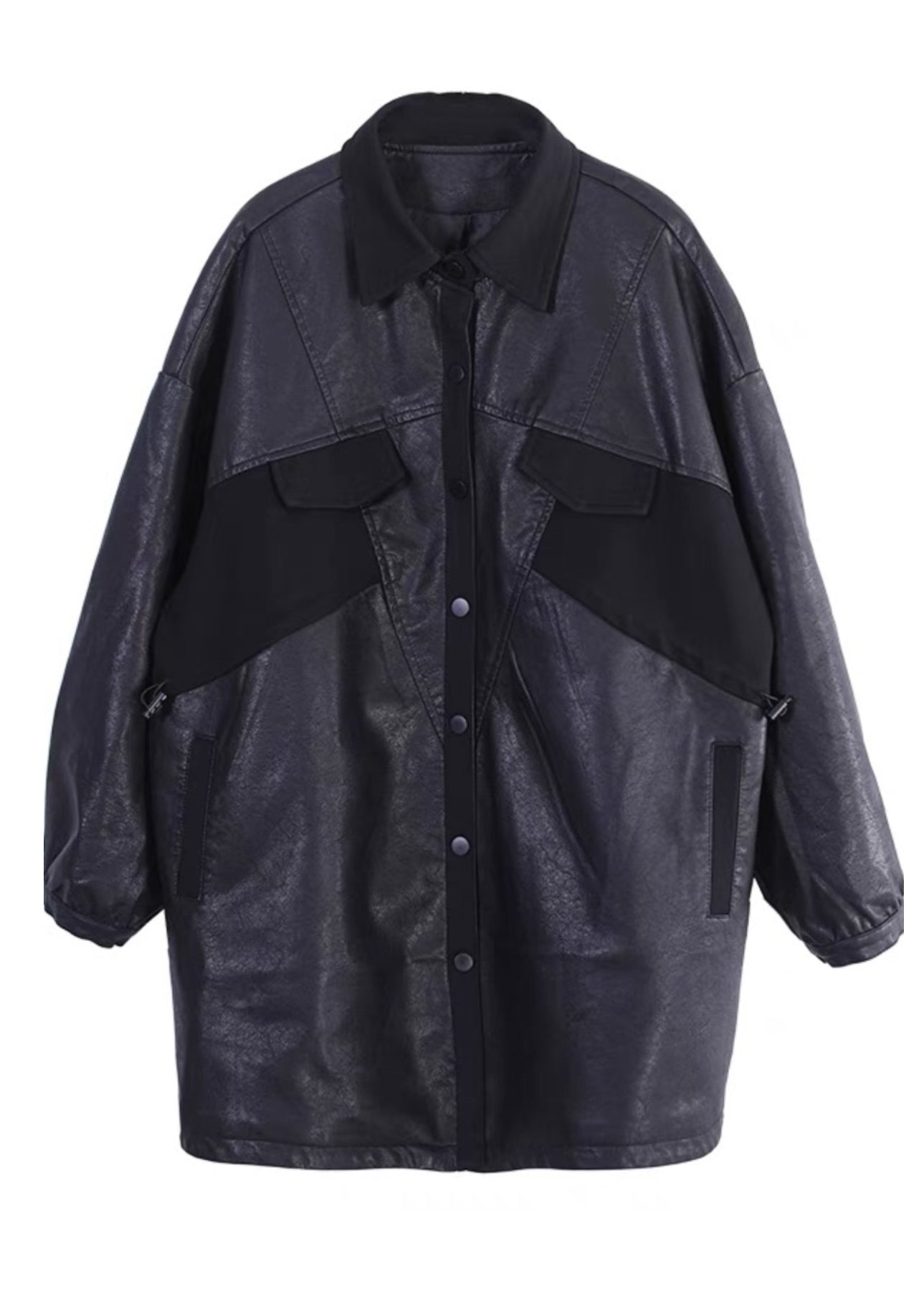 Black Oversized Patchwork Faux Leather Coat Outwear Spring