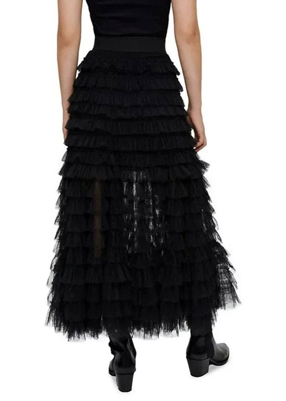 Black Lace Patchwork Tulle Elastic Waist Layered Skirts Spring