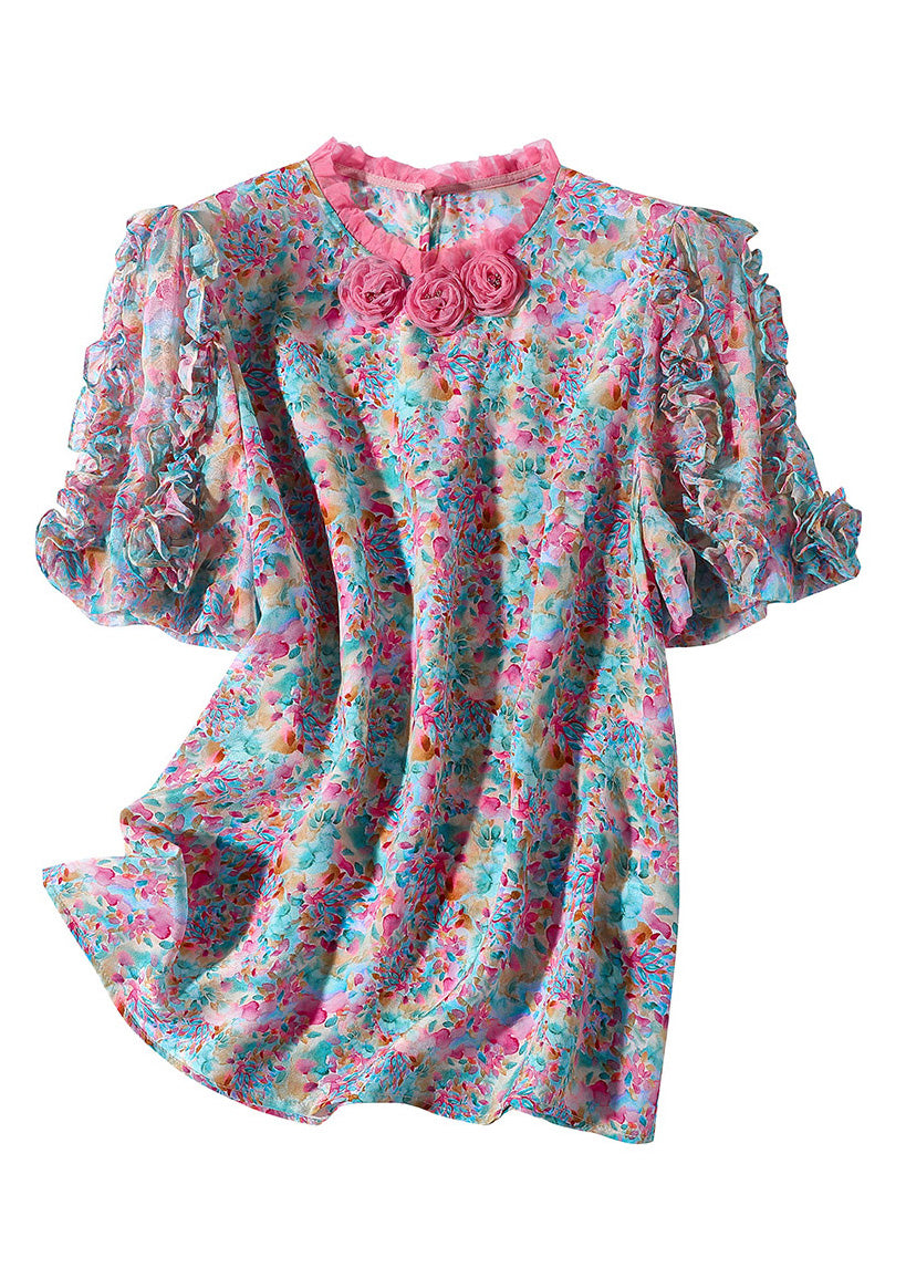 Ruffled Print Button Silk Top Short Sleeve
