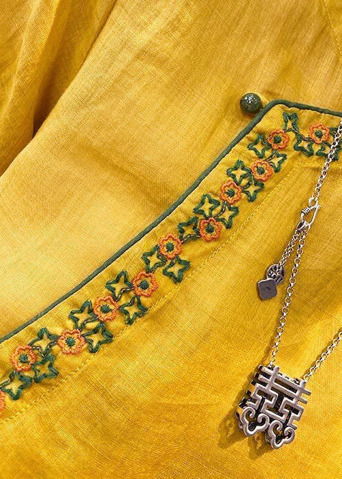 Chinese Style Yellow O-neck Embroideried Linen Tops Short Sleeve