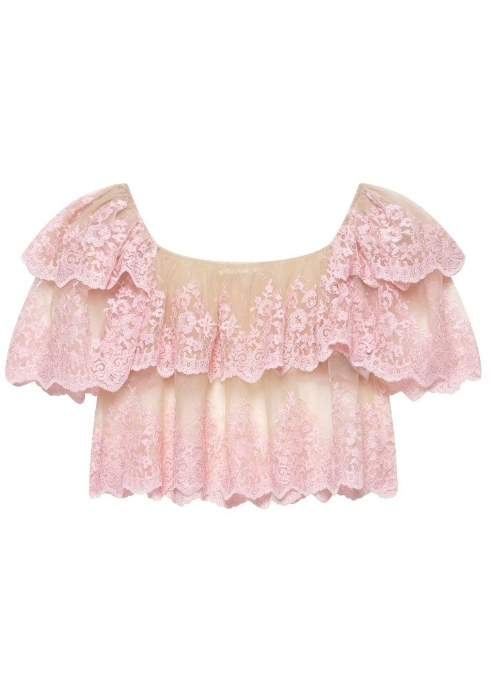 Pink Slash Neck Ruffled Embroidered Tulle Top Summer